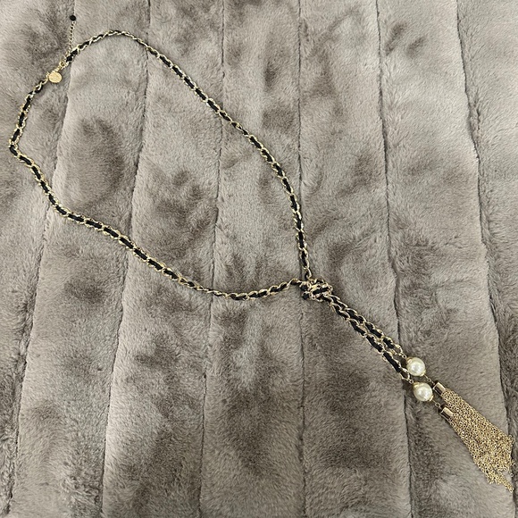 White House Black Market Woven Rope Chain Pearl Statement Lariat Knot Necklace - Picture 5 of 5